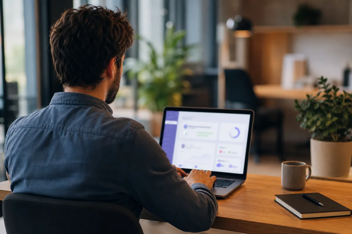 Web designer travaillant sur un ordinateur portable dans un bureau lumineux avec interface d&rsquo;hébergement web à l&rsquo;écran