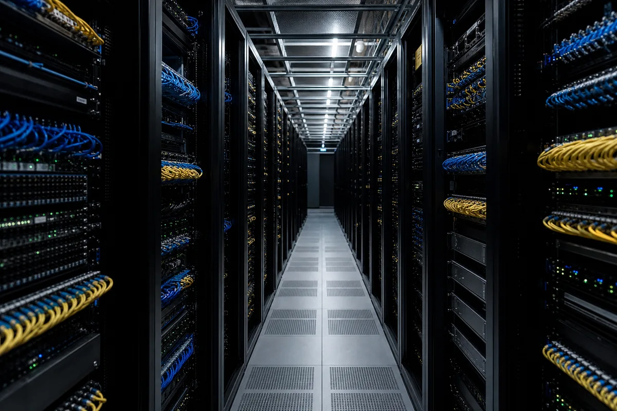 Serveurs dans une baie de datacenter avec câbles réseau colorés et voyants lumineux