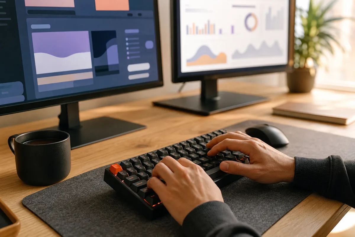 Mains tapant sur un clavier devant un double écran affichant des pages web et un tableau de bord d&rsquo;analyse