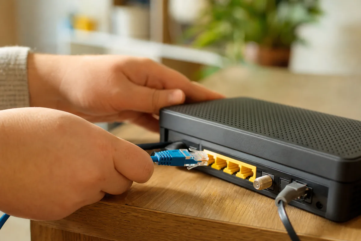 Câble Ethernet branché sur le port d’une box internet dans un bureau à domicile