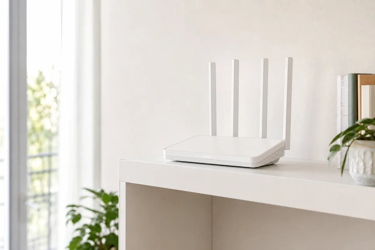 Routeur Wi-Fi posé en hauteur sur une étagère dégagée dans un salon lumineux