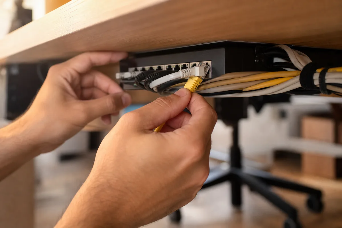 Mains branchant un câble réseau sur un switch gigabit sous un bureau en bois