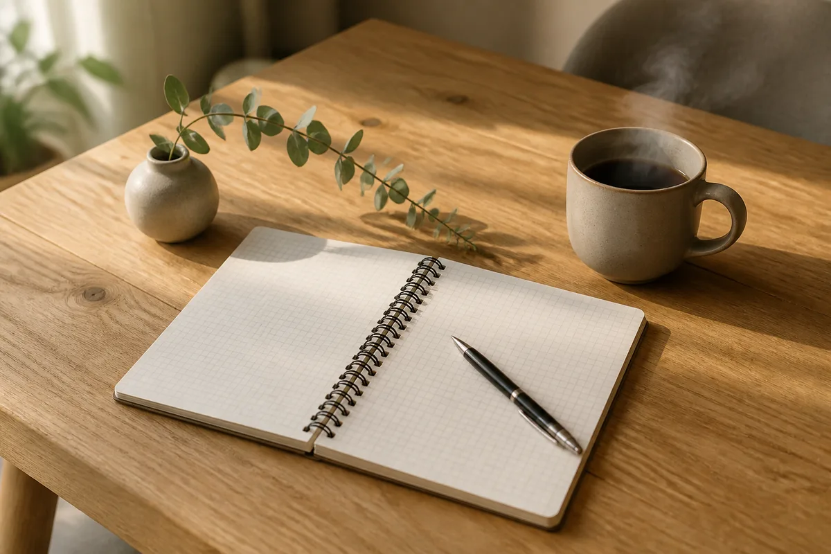Bureau en bois clair avec carnet ouvert, stylo et tasse de café près d’une fenêtre