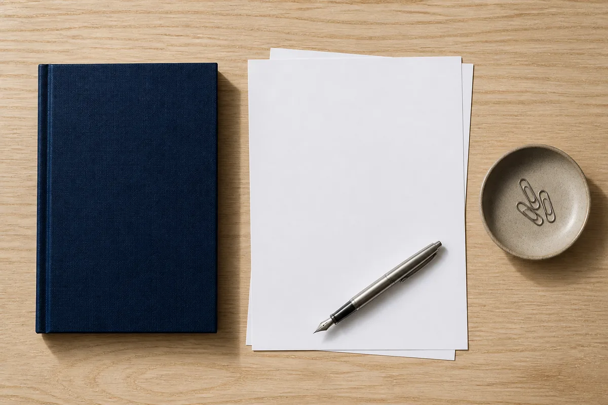 Agenda relié, stylo plume et pile de feuilles sur une table de travail éclairée par une fenêtre