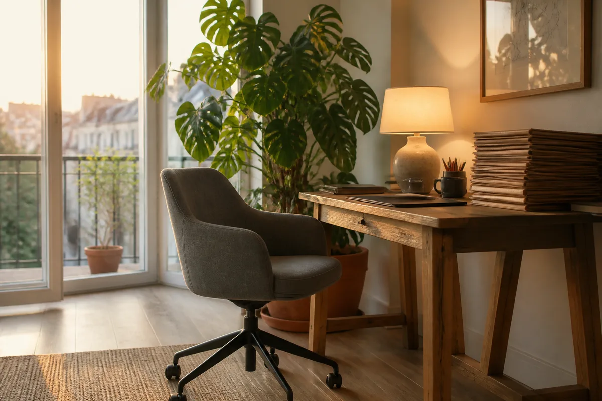 Coin de bureau à domicile avec fauteuil en tissu, plante verte et pile de dossiers cartonnés