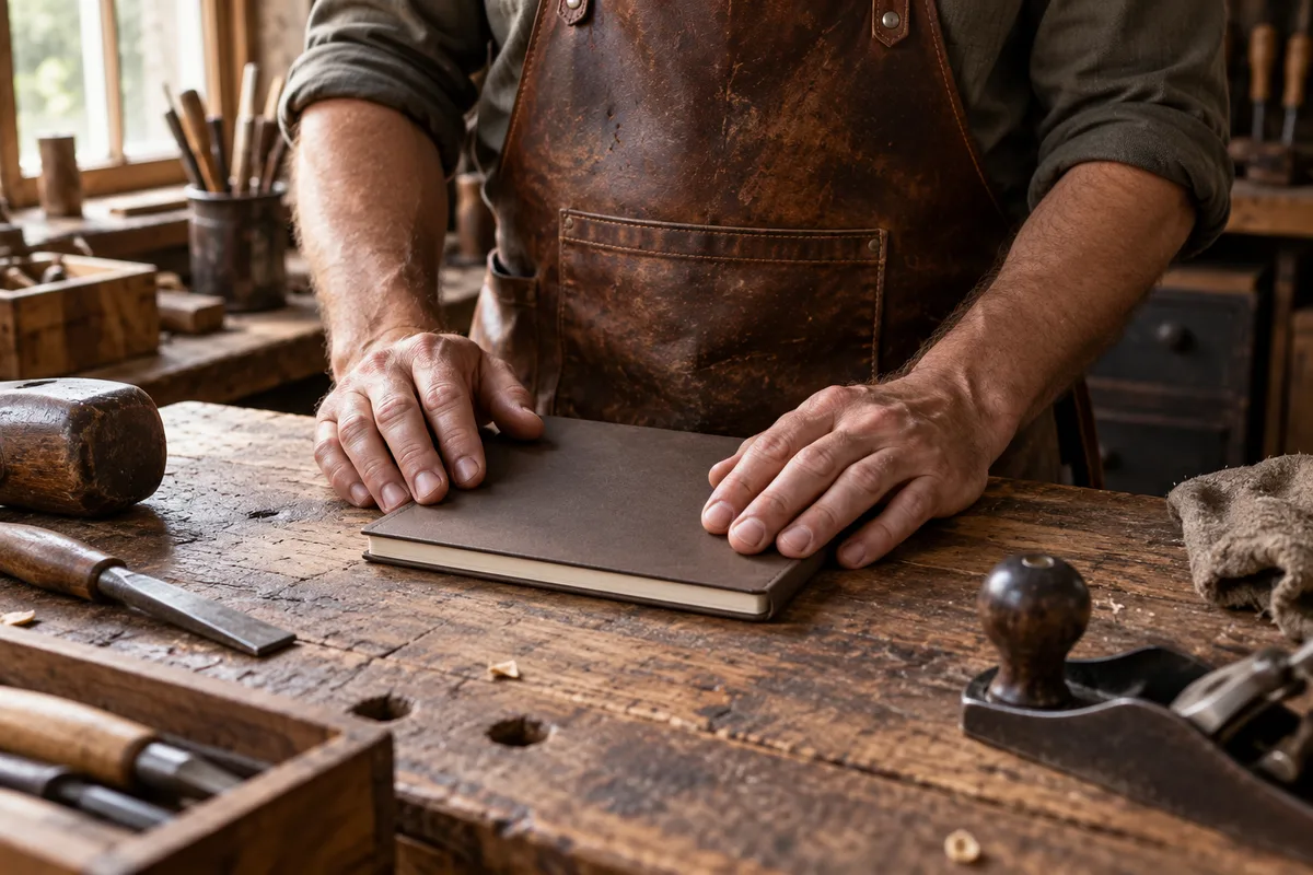 Mains d&rsquo;un artisan en tablier de cuir tenant un carnet fermé devant un établi en bois