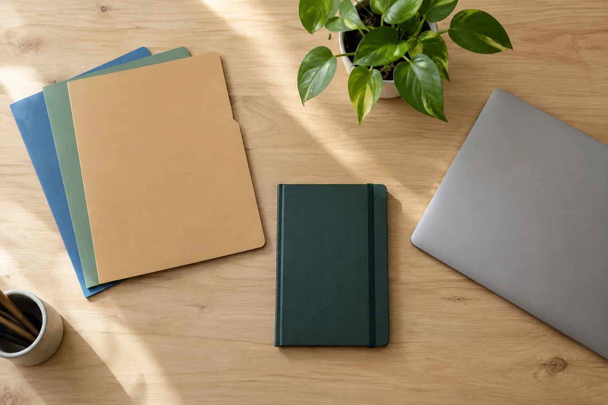 Table en bois clair portant des chemises cartonnées unies, un carnet fermé et un ordinateur portable fermé devant une fenêtre