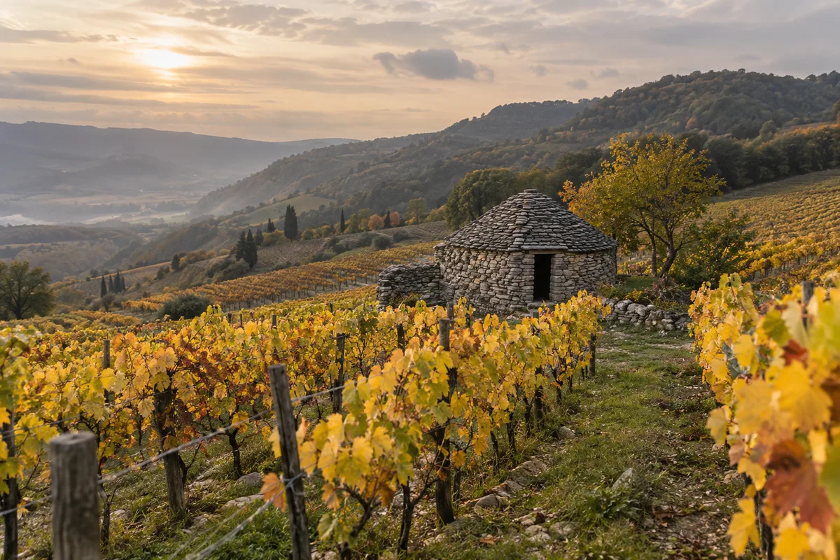 Rangées de vignes en coteaux et cabane de pierre sèche sous un ciel d&rsquo;automne en Côte-d&rsquo;Or