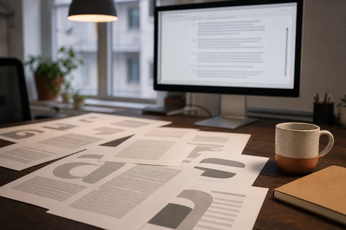 Spécimens typographiques imprimés étalés sur un bureau de graphiste avec un écran affichant un document flouté
