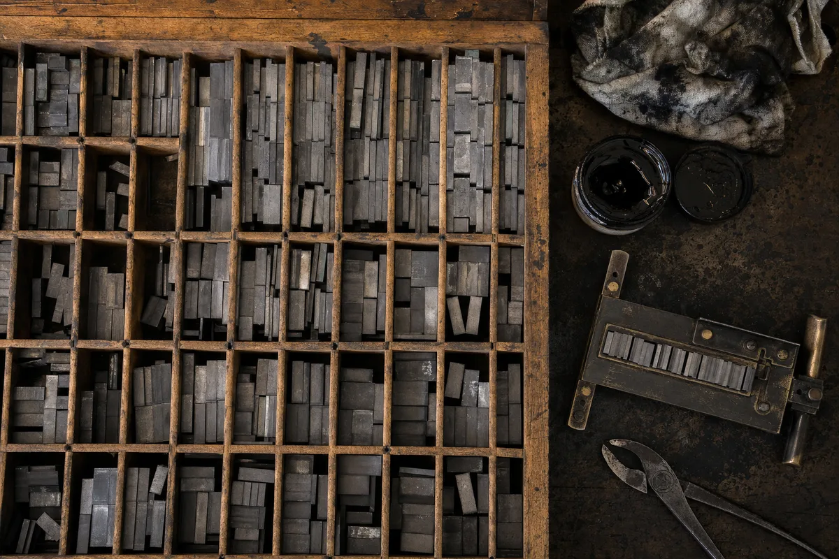 Casse typographique en bois garnie de caractères en plomb dans un atelier d&rsquo;imprimerie