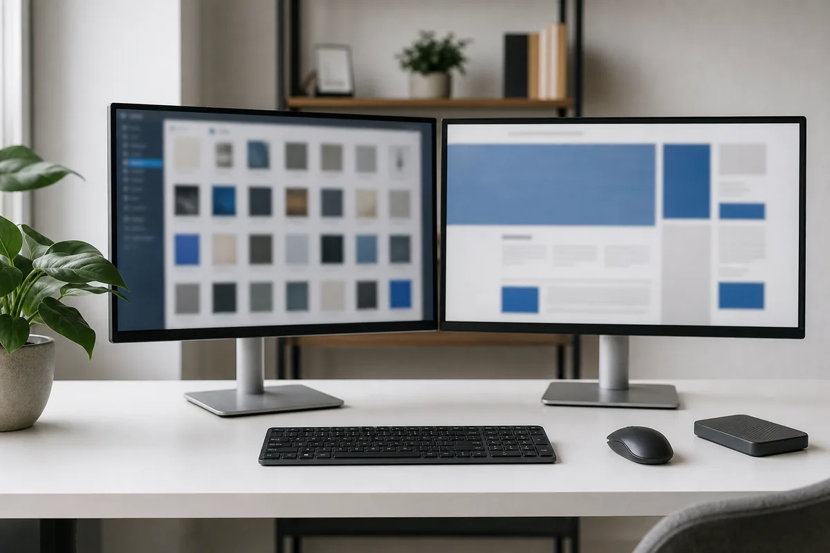 Poste de travail affichant des fichiers de polices et un rendu de page web flouté sur double écran
