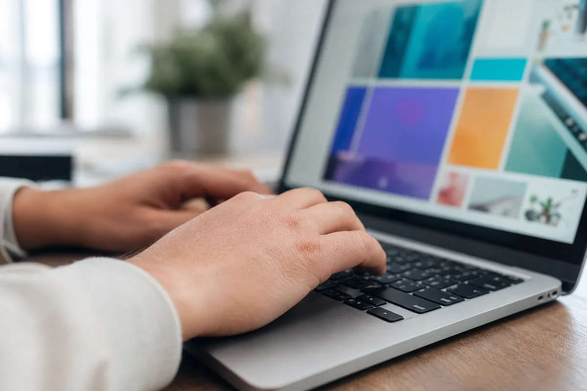 Mains sur un clavier devant l&rsquo;éditeur visuel d&rsquo;un logiciel de création de site web