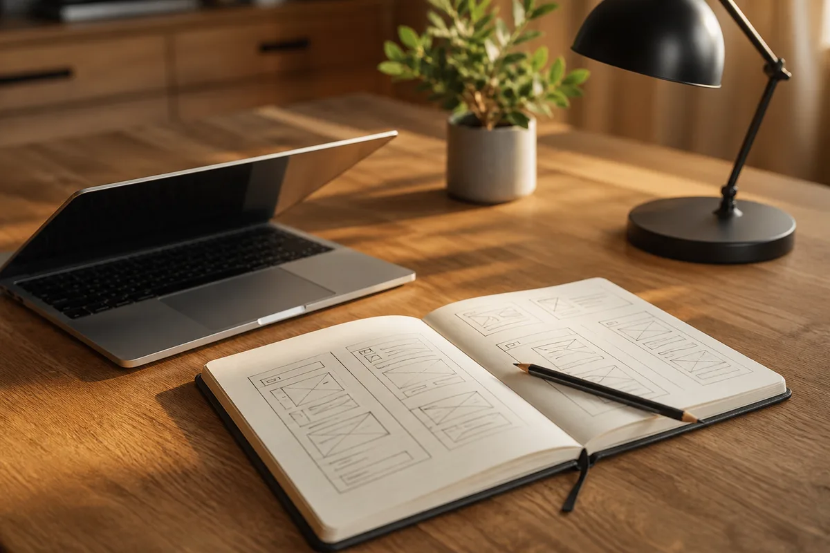 Poste de travail hors ligne avec ordinateur portable et carnet de maquettes de site web