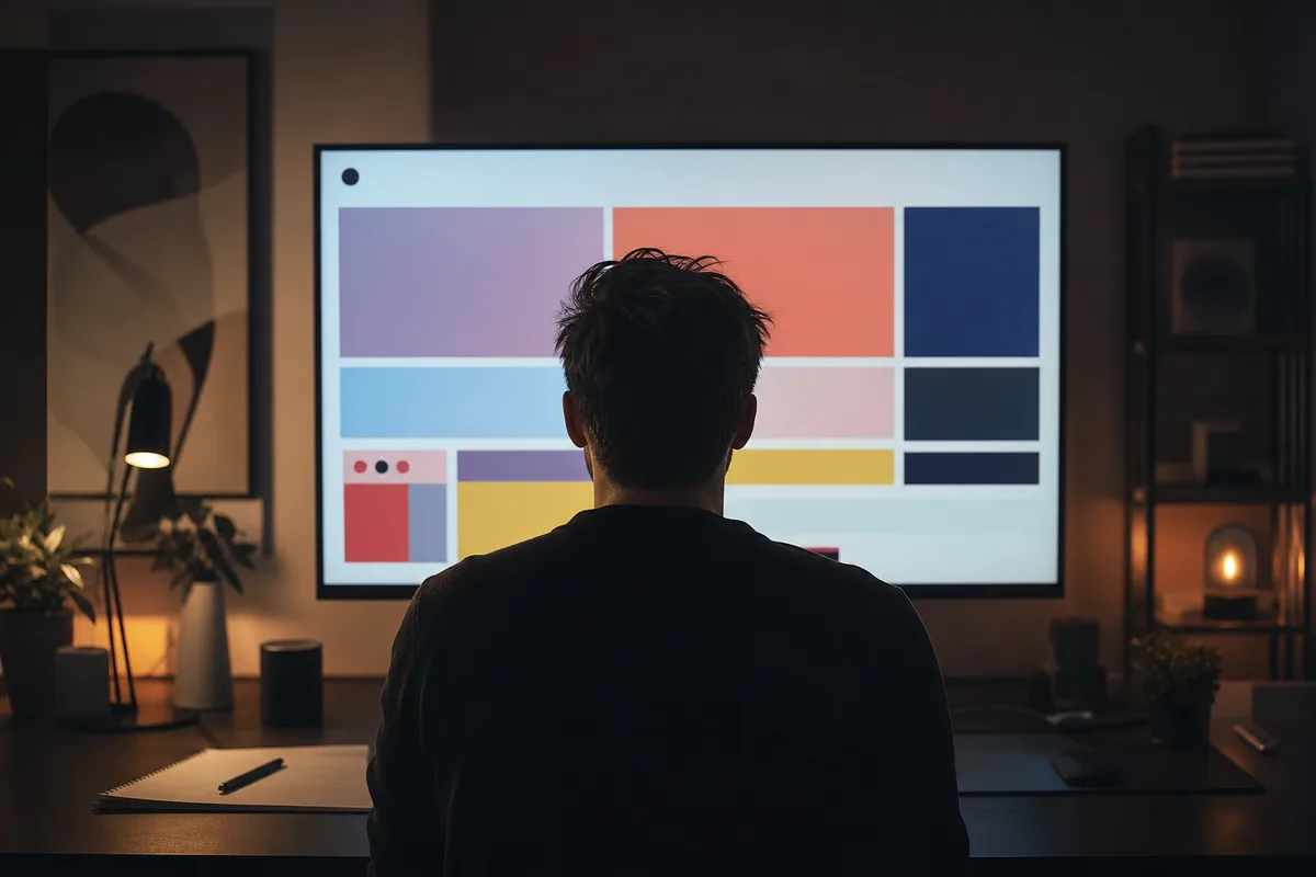 Silhouette d&rsquo;un designer travaillant des maquettes de pages web animées sur un grand écran