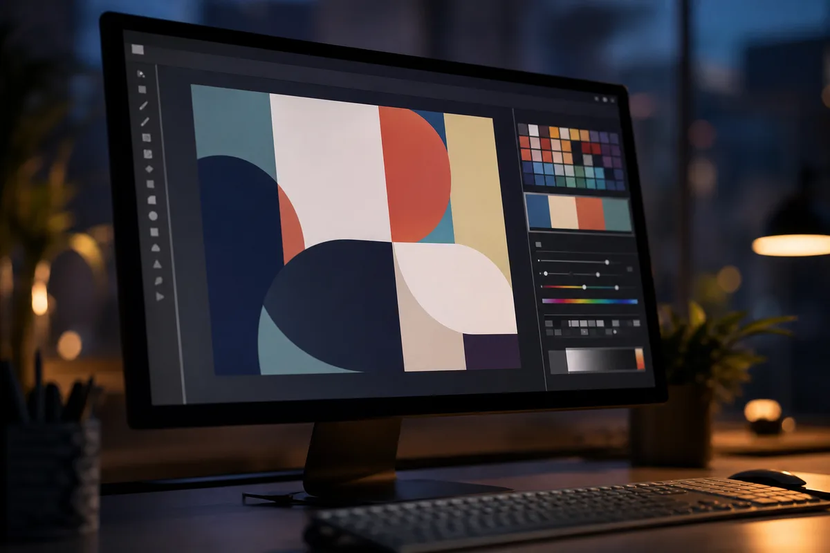 Écran affichant une interface de générateur de logo avec palette de couleurs et icônes