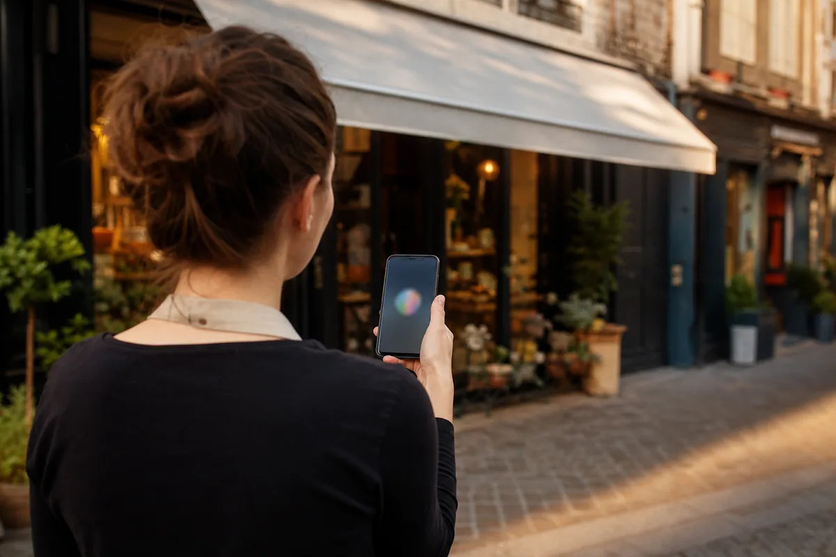Artisane vérifiant le rendu de son logo sur un téléphone devant sa boutique