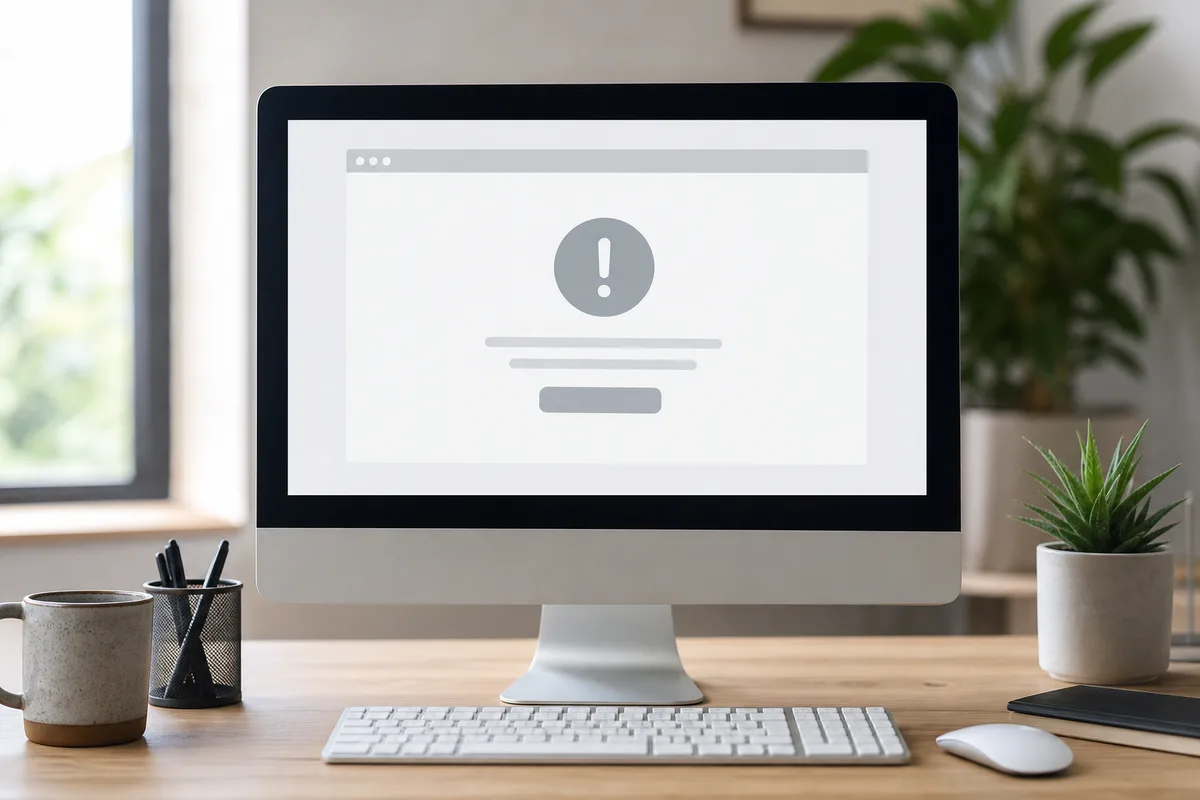 Écran d&rsquo;ordinateur affichant une page d&rsquo;erreur 404 dans un bureau lumineux