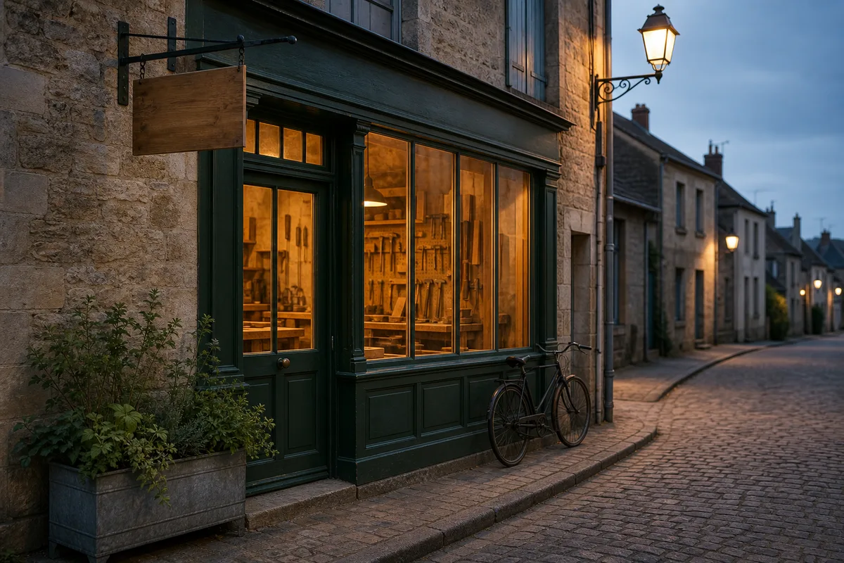 Devanture d&rsquo;un atelier d&rsquo;artisan dans une rue française, panneau en bois et vitrine éclairée en fin de journée