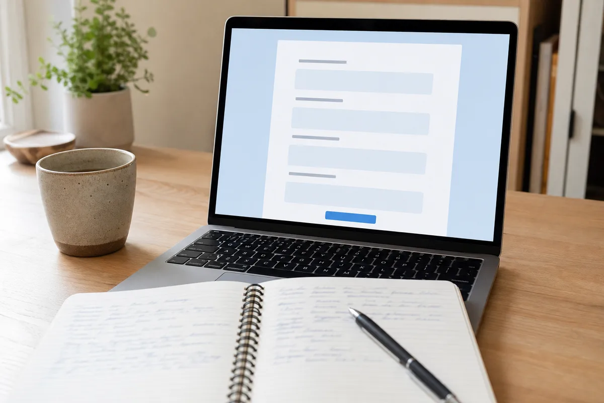 Écran d&rsquo;ordinateur portable affichant un formulaire web flouté à quatre champs, carnet et stylo posés à côté sur un bureau clair