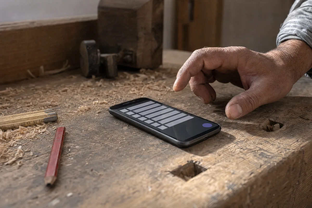 Téléphone posé sur un plan de travail en bois affichant une interface de messagerie floutée, main d&rsquo;artisan à proximité