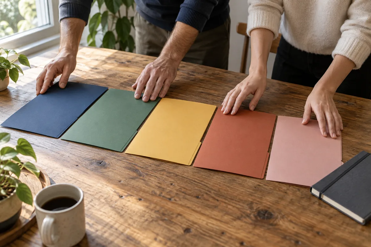 Mains de deux personnes posant des chemises cartonnées de couleurs unies sur une table en bois