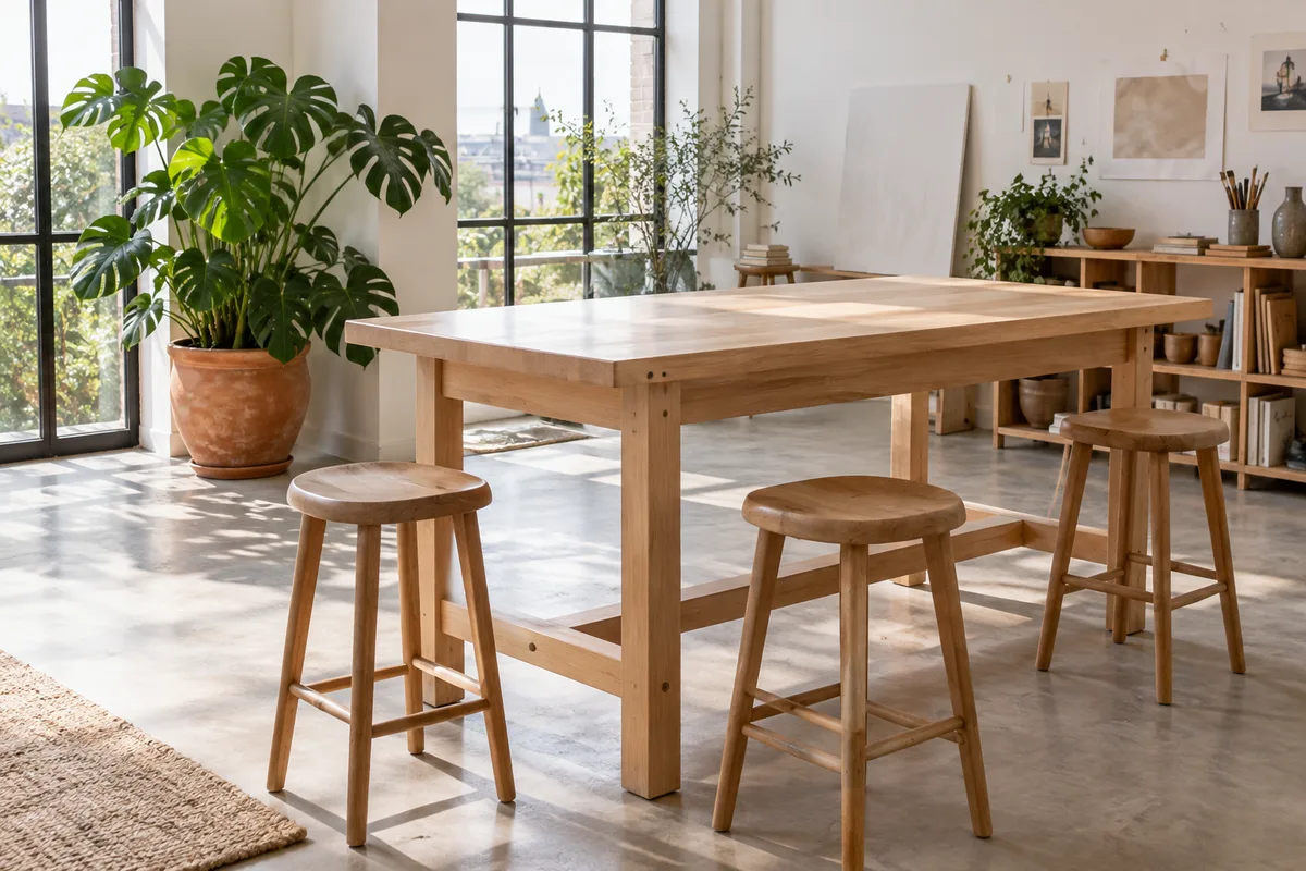 Atelier lumineux avec trois tabourets en bois autour d’un plan de travail et une grande plante verte
