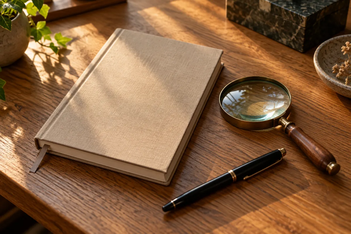 Carnet fermé, loupe à manche en bois et stylo posés sur un bureau en chêne