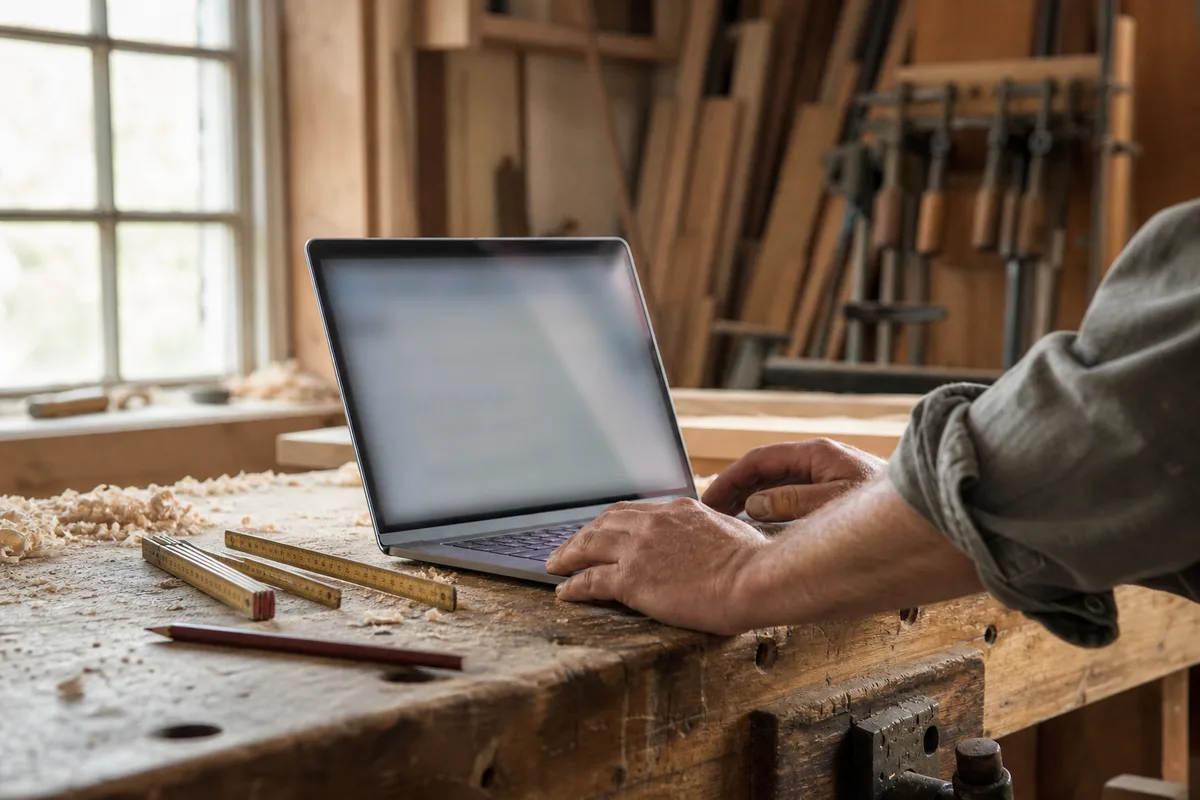 Artisan menuisier consultant un ordinateur portable posé sur un établi dans son atelier