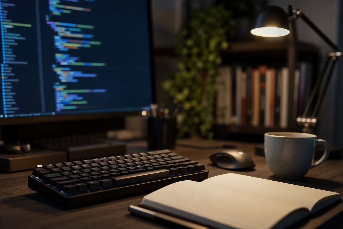 Écran d’ordinateur affichant des lignes de code dans un éditeur de texte, bureau de freelance
