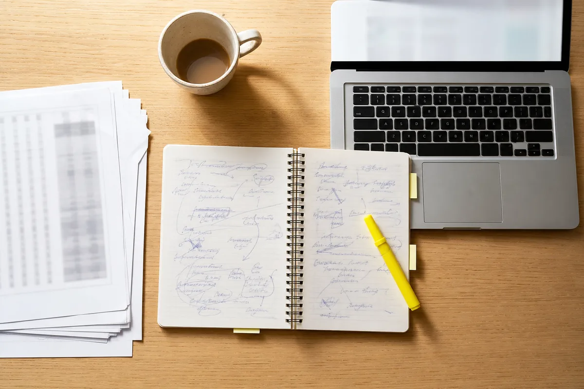 Vue en plongée d’un bureau avec carnet de notes annoté, tasse de café et ordinateur portable ouvert