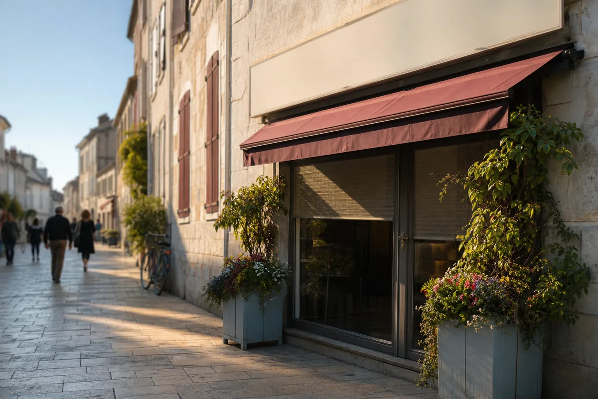 Devanture d’un commerce de proximité dans une rue piétonne française en fin de journée