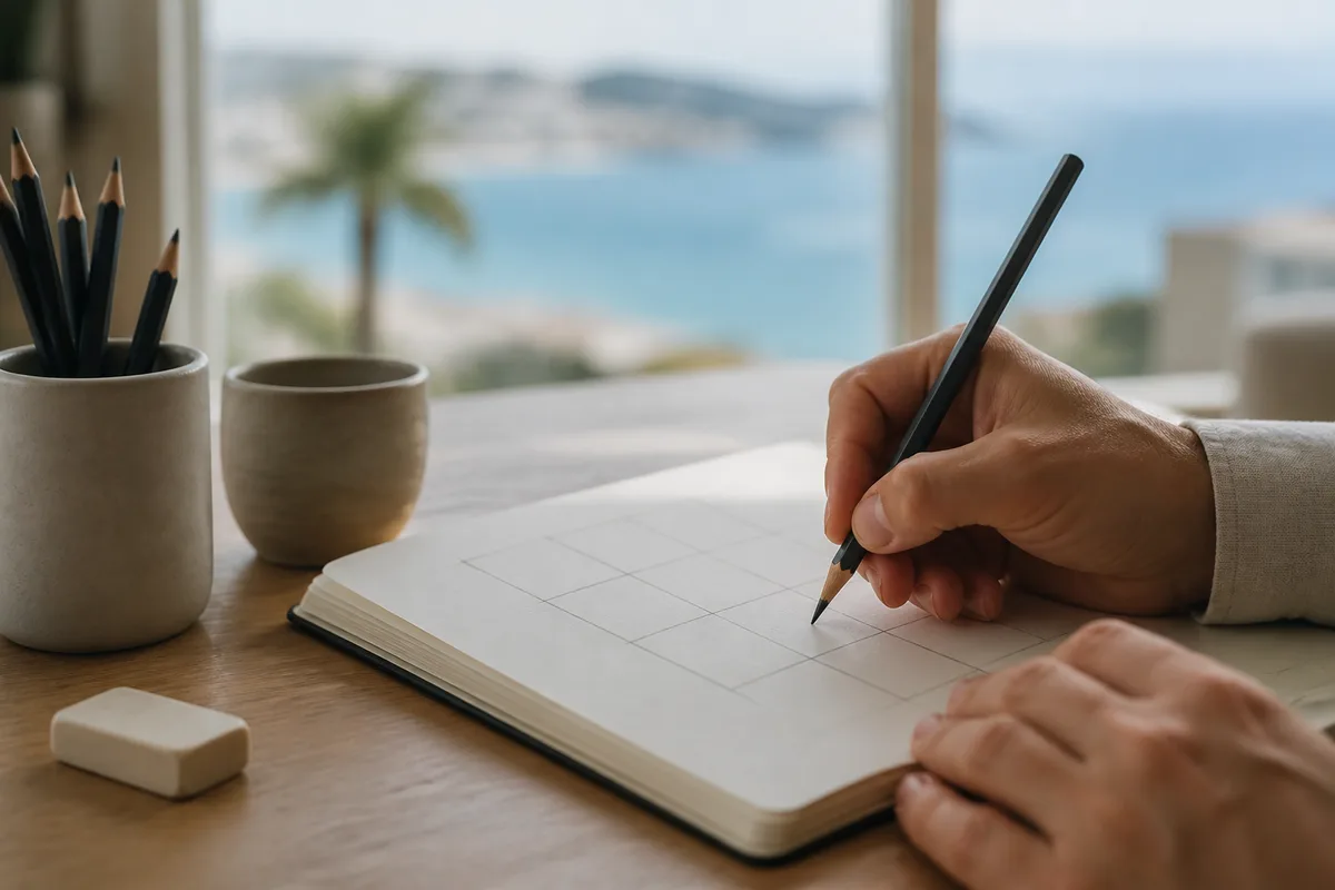 Mains esquissant au crayon la structure d’une page dans un carnet, bureau face à la baie de Nice