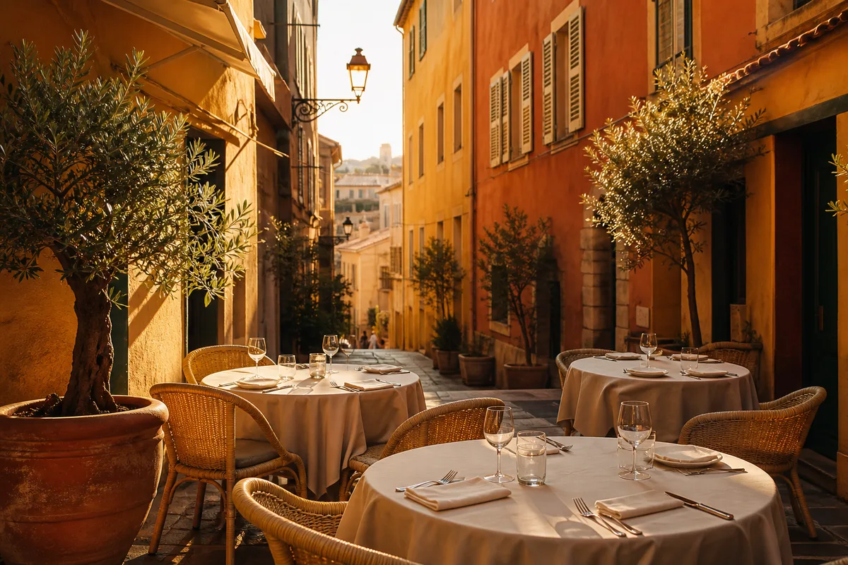 Terrasse de restaurant du Vieux-Nice photographiée en fin de journée, tables dressées