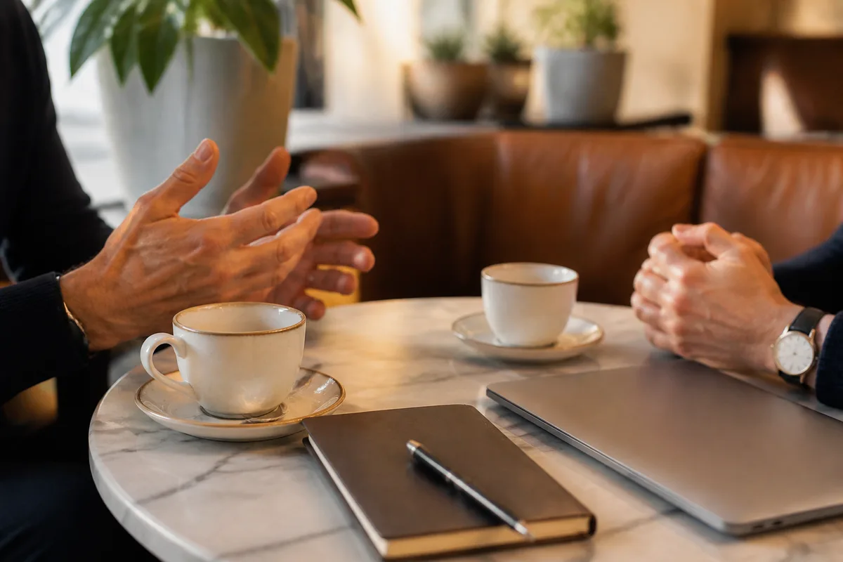 Rendez-vous de travail dans un café niçois, carnet de notes et ordinateur portable fermé